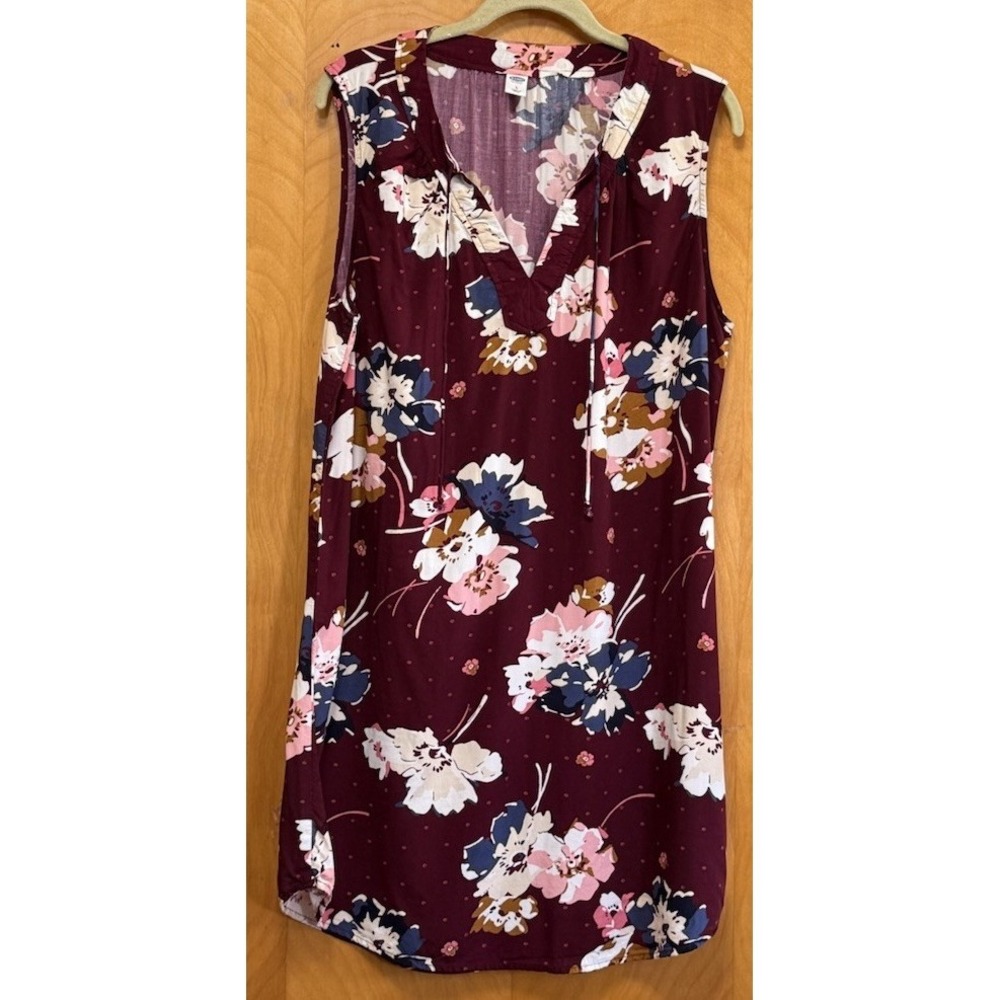 Old Navy Womens Burgundy Floral Sleeveless Shift Dress V Neck Tie Front Casual L